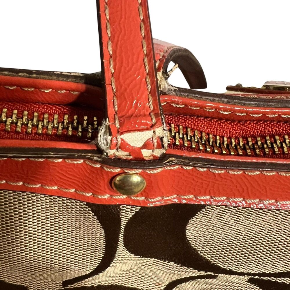 Coach Tote Bag Womens Medium Brown Signature Avary Canvas Orange Patent Trim - Picture 12 of 15